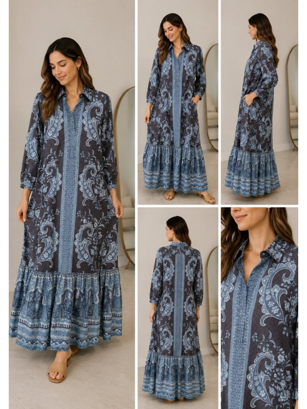Trish Scully Isobel Long Sleeve Maxi Dress Cotton New NWT Multicolor Large